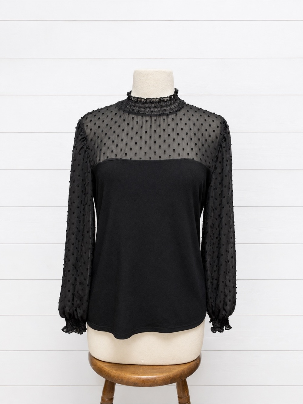 W5 Black Sheer Swiss Dot Mock Neck Blouse